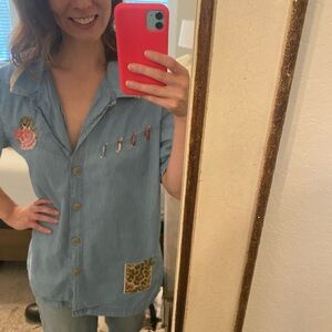90s Floral denim patchwork shirt with leopard and embroidered accents Ed Hardy